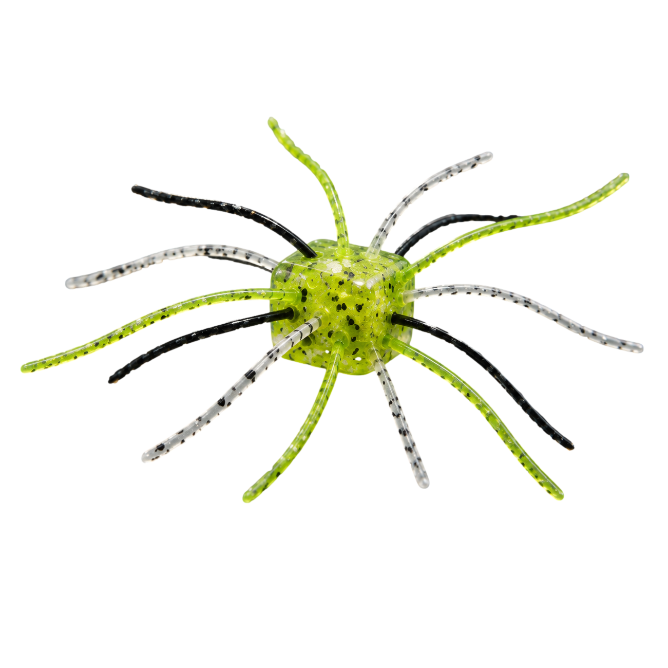 Fuzzy dice soft plastic bait with cube-shaped center and long flexible strands
